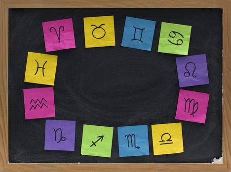 blackboard  blank copy space a surrounded by twelfe zodiac signs sketched with black pen on colorful crumpled sticky notes