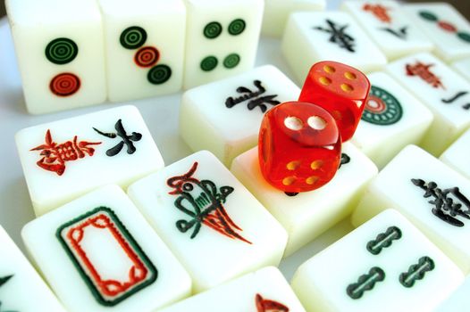 Closeup view of the most popular entertainment mahjong pieces with dices in China