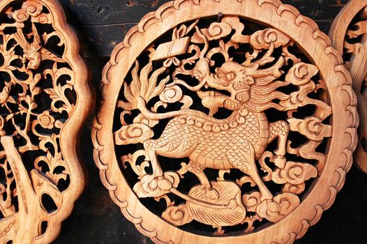 Wooden carving of dragon in east China