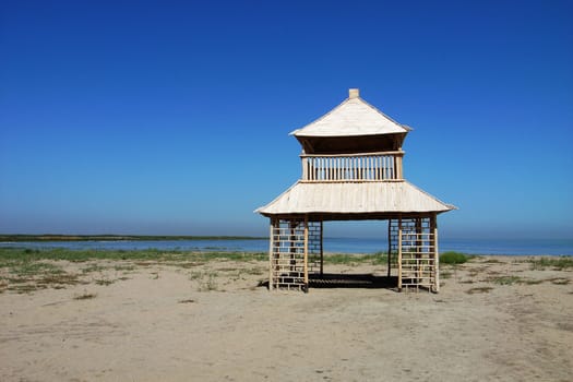 Landscape of wooden pavilion at lakeside