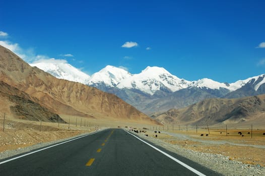 Landscape of a highway extending to the snow mountains