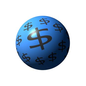 A blue sphere with dollar signs on white background.