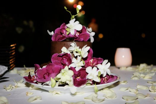 Tables decorated for a wedding reception.