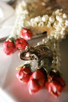 Tables decorated for a wedding reception.