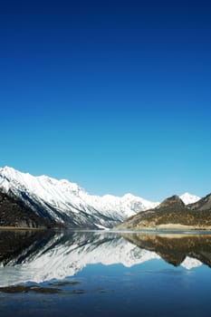 Landscape of snow mountains and lake in winter