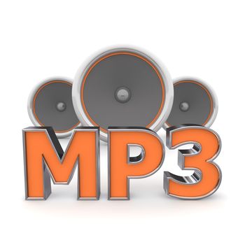 word MP3 with three speakers in background - orange style