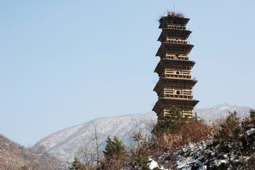 Landmark of an ancient pagoda on the top of mountains