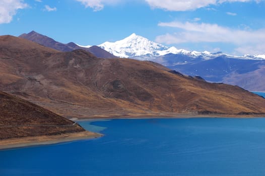 Landscape of snow mountains and blue lake in Tibet