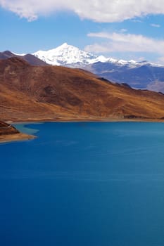 Landscape of snow mountains and blue lake in Tibet