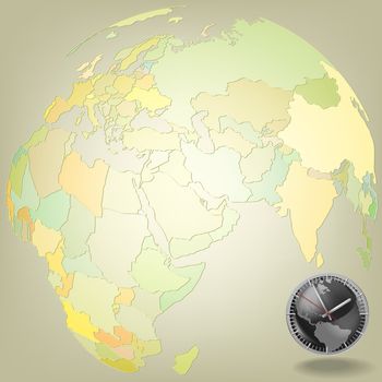 abstract beige background with globe and steel clock