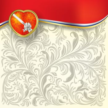 valentines greeting with heart and white bow on floral background