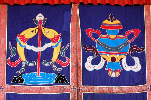 Closeup view of a typical Tibetan curtain