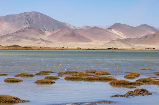 Landscape of mountains and lake in Tibet
