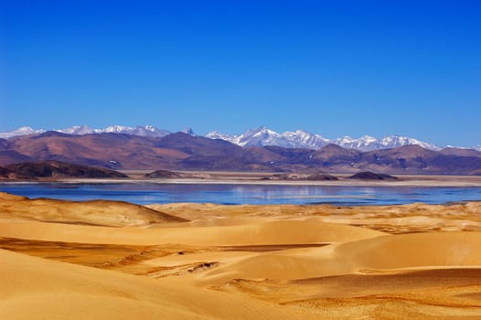 Landscape of mountains and lake in the highlands of Tibet
