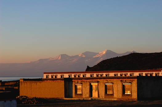 Landscape of local countryside buildings in Tibet at sunrise