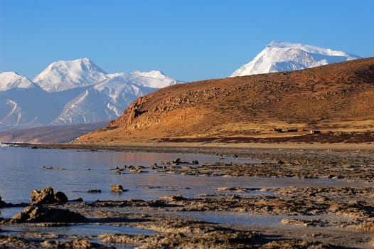 Landscape of snow mountains and blue lake in Tibet