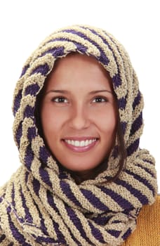 Portrait of a young woman wearing a scarf isolated against a white background.