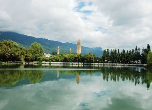 Landscape of the famous ancient Three Pagoda in Dali China