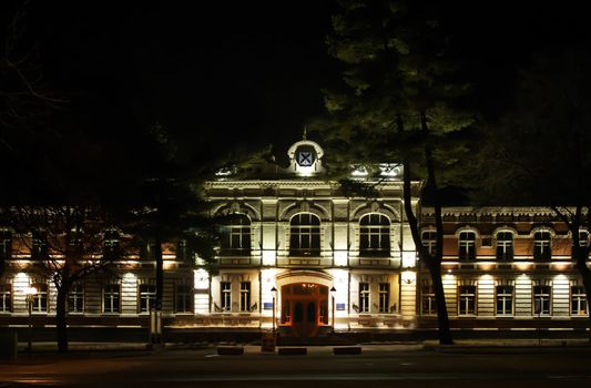 The old administration building in downtown at night. Khmelnytsky, Ukraine