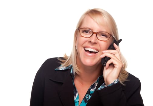 Attracttive Blonde Woman Using Phone Laughing Isolated on a White Background.