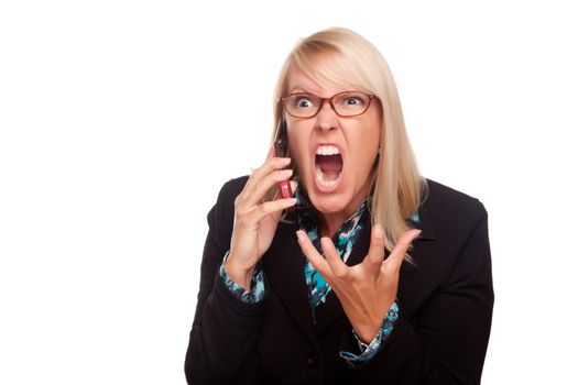 Angry Woman Yells While On Cell Phone Isolated on a White Background.