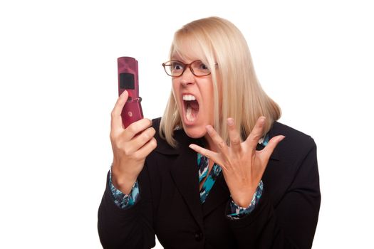 Angry Woman Yells At Cell Phone Isolated on a White Background.