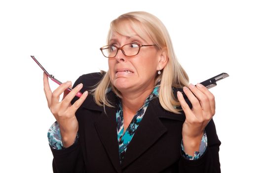 Frustrated Woman with Two Cell Phones Isolated on a White Background.