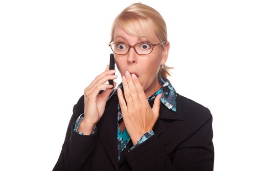 Shocked Blonde Woman on Cell Phone Isolated on a White Background.