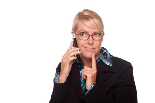 Intrigued Blonde Woman Using Phone Isolated on a White Background.