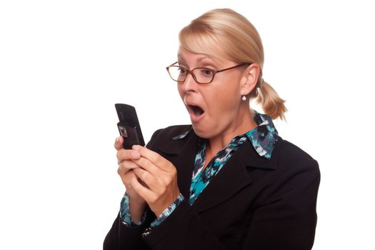 Shocked Blonde Woman Using Cell Phone Isolated on a White Background.