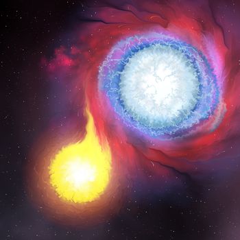 A binary star system is composed of two stars orbiting a center mass. Here the larger blue star is absorbing the other smaller secondary star.