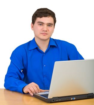 Young man working for laptop on the white background