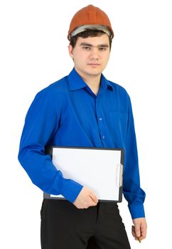 Young man in a helmet with a tablet on a white background