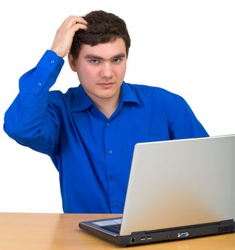 Young man comb head siting for laptop on the white