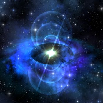 A brilliant star sends out magnetic waves out into surrounding space.