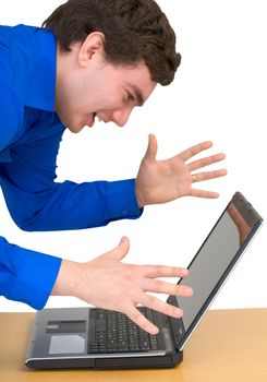 Young man and laptop on the white background