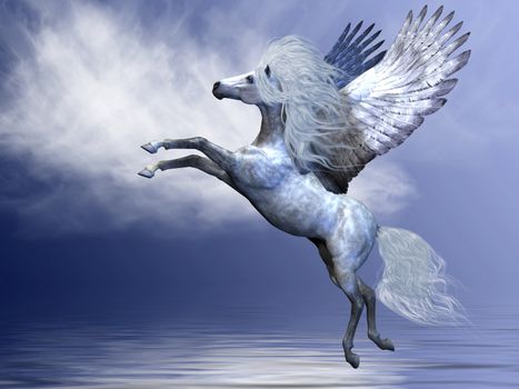 White Pegasus spreads his magnificent wings in flight over an ocean.