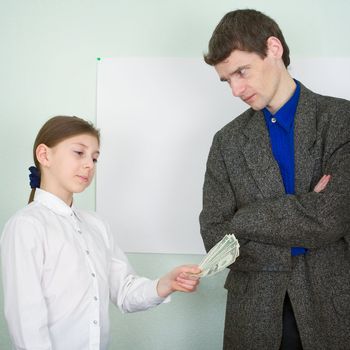 Girl stretches money to the guy in a suit
