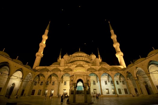 Sultanahmet mosque with dome and minarets by night