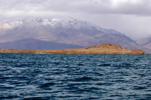 Landscape of blue lake and snow mountains