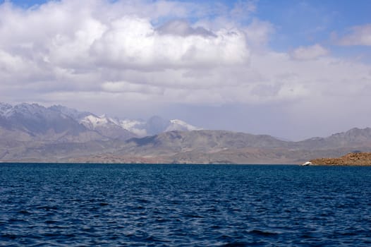 Landscape of blue lake and snow mountains