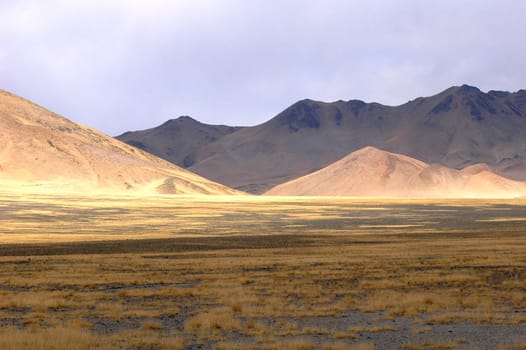 Landscape of mountains in the highlands of Tibet
