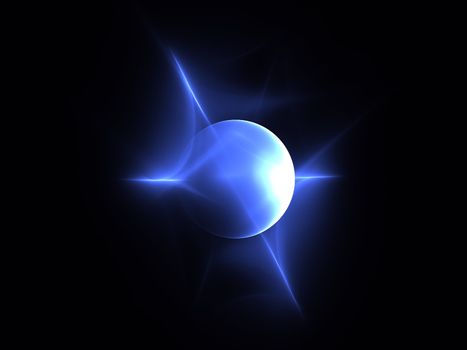 A blue sphere with points of light and what appears to be a light source of the sun.