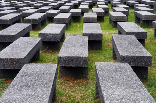 lots and lots of gray benches
