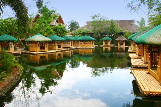 a chain of floating native food huts 
