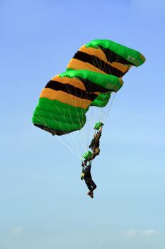 two skydivers in cascade formation before final landing
