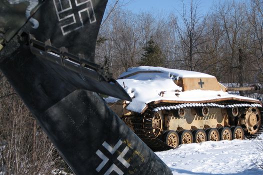 Destroyed fascist tank and aircraft.