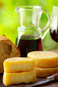 Wine, bread and cheese.