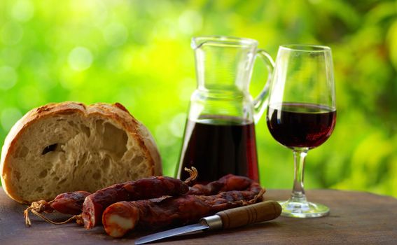 Meat bread and wine, manufacture caretaker,Portugal.