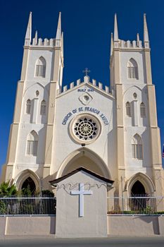 St. Francis Xavier's Church, built in 1849 and still being used at the UNESCO World Heritage site of Malacca, Malaysia. This church building has slightly tilted to the right.